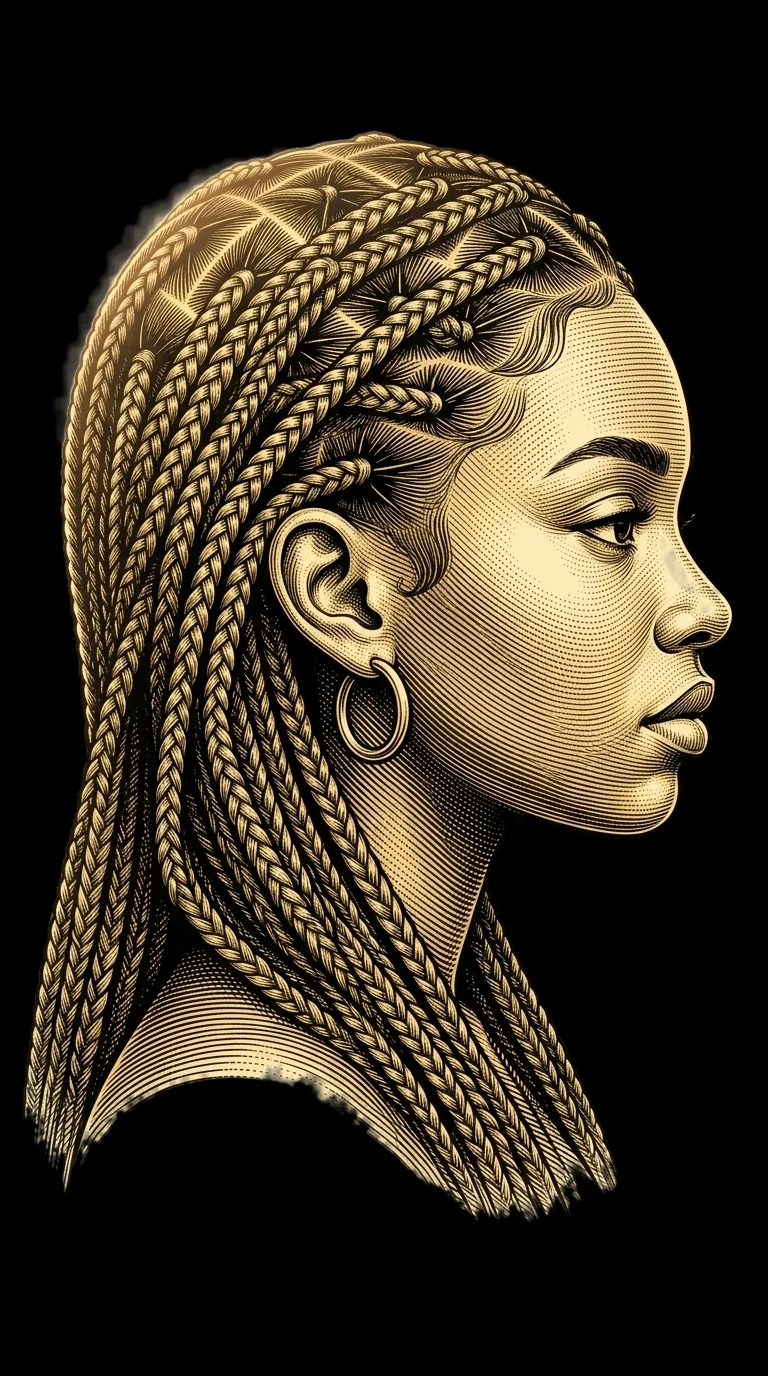 Gold illustration of a woman with box braids