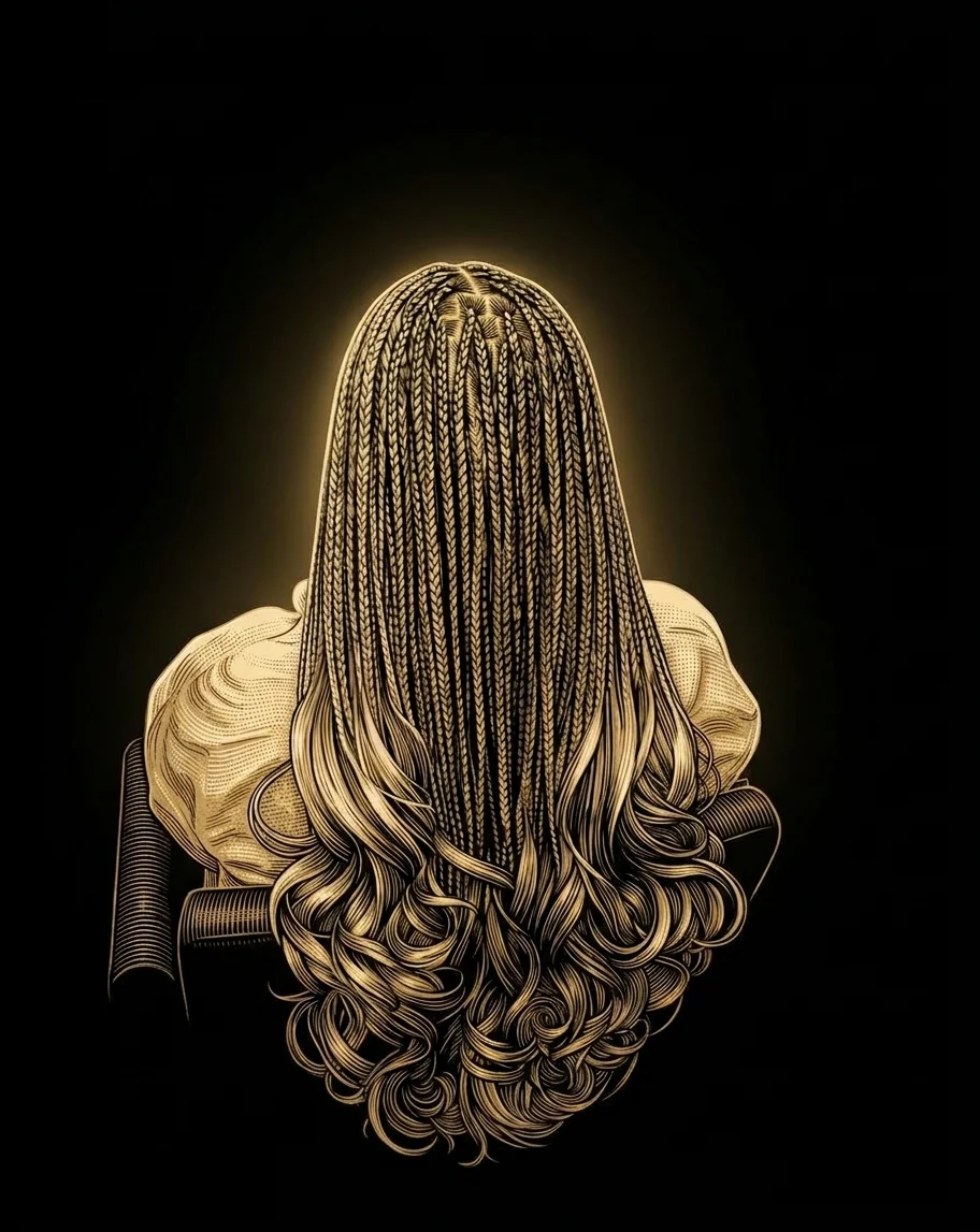 Gold illustration of a woman with French curl braids, seen from the back