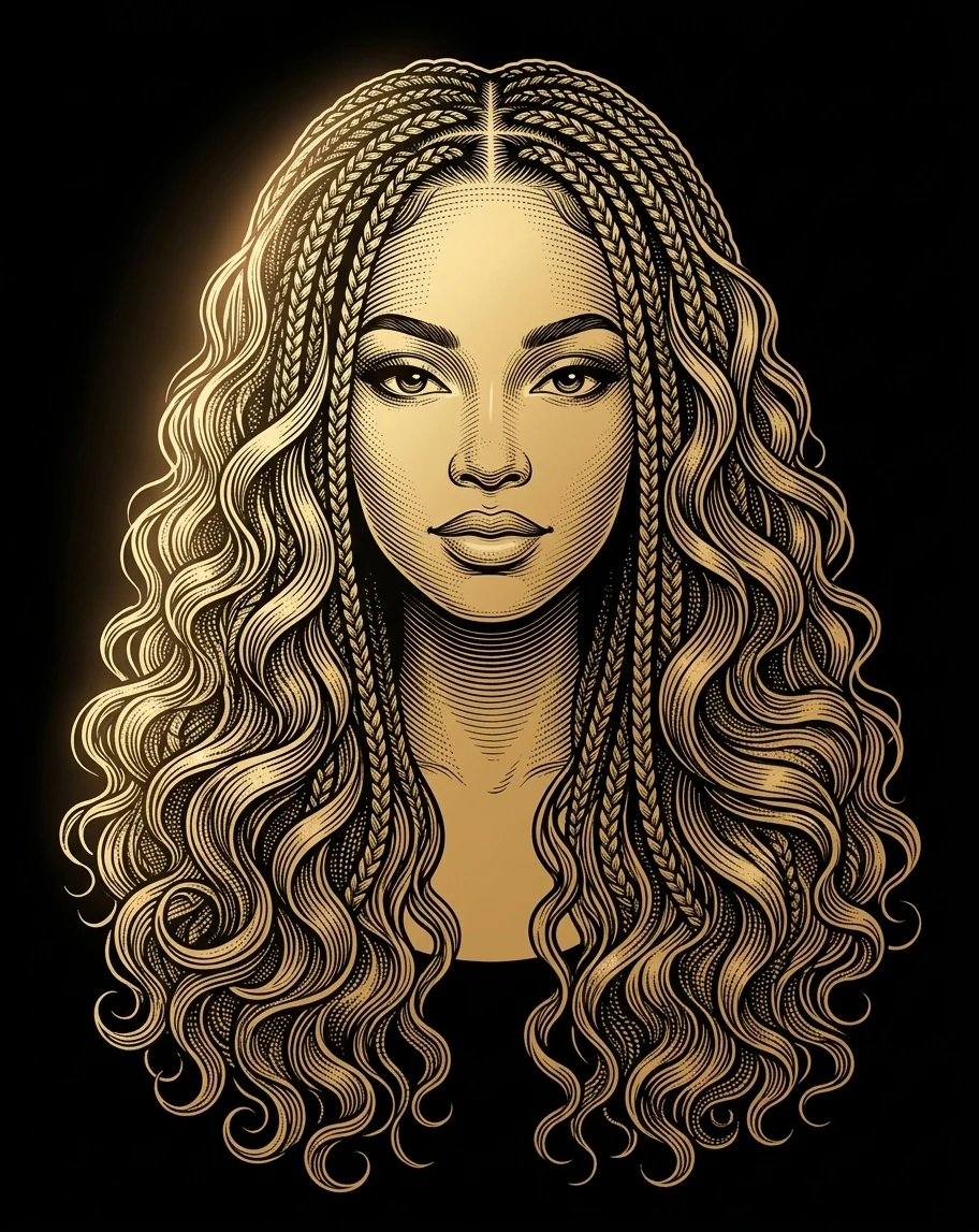 Gold illustration of a woman with goddess braids