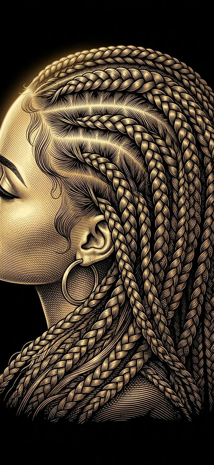 Gold illustration of a woman with knotless braids